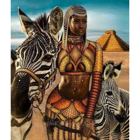 Afrikaanse Vrouw Met Zebras, Diamond Painting